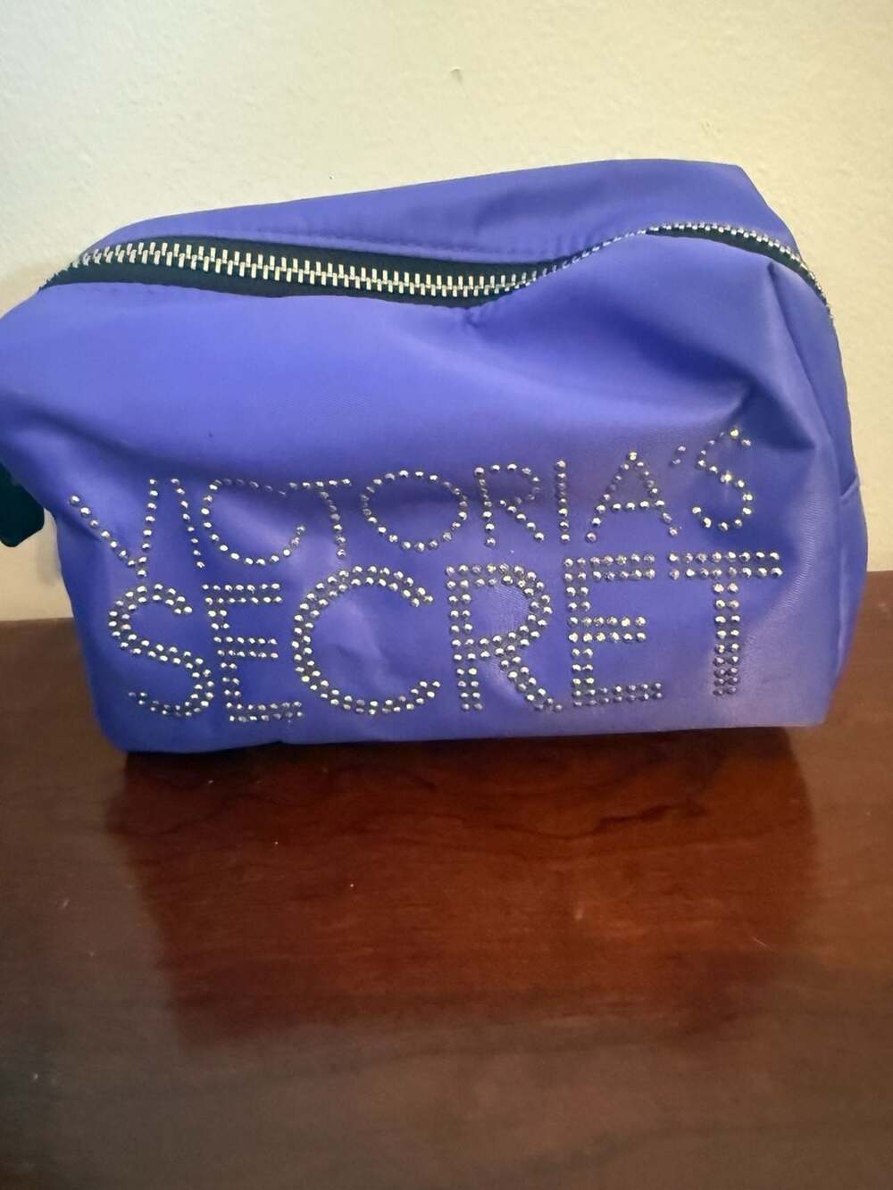 Y2K Victoria Sec Purple Nylon Makeup Bag w Rhinestone Logo Leopard Print inside